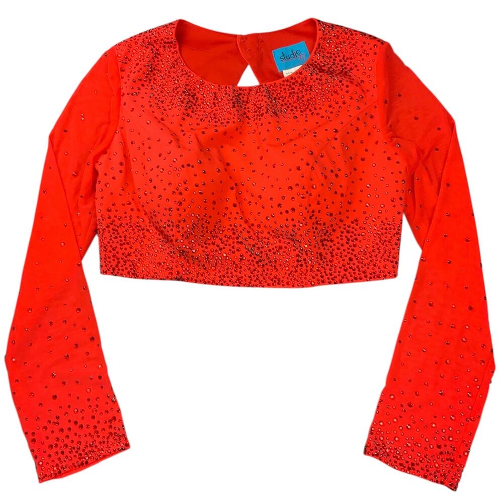 Studio 17 Size 12 Red Rhinestone Crop Sheer Long Sleeve Dance Pageant Statement